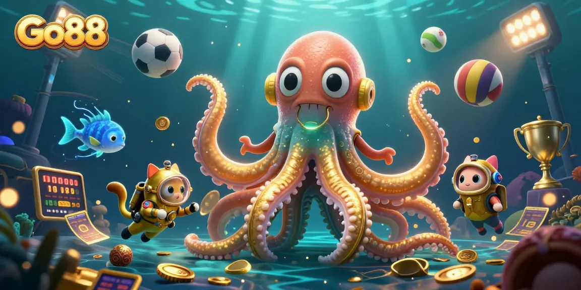Go88 players engage exciting games with a majestic kraken and vibrant sports elements in 3D.
