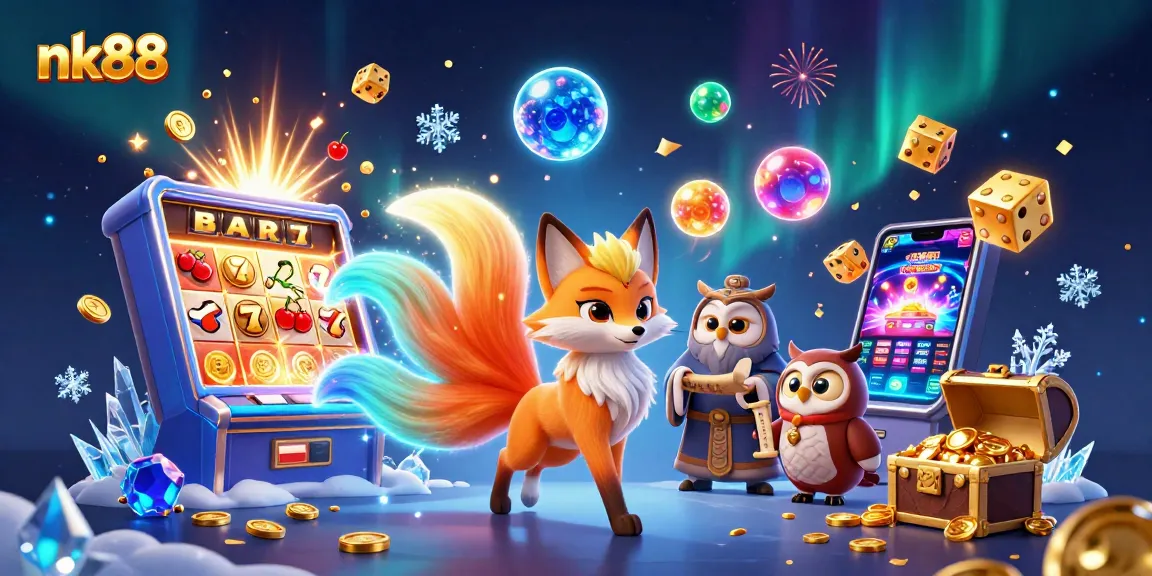Experience thrilling wins at nk88 with colorful characters and casino excitement in a vibrant 3D illustration.