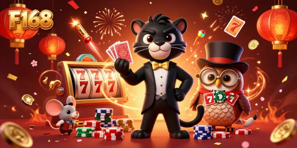Experience thrilling gaming moments at F168 with a stylish cartoon black panther, poker owl, and lucky mouse.