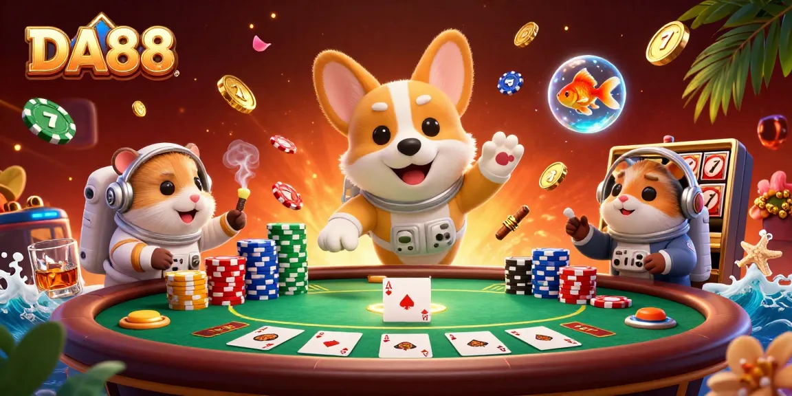 Explore the thrilling DA88 space casino with floating corgi astronaut and vibrant gaming elements.
