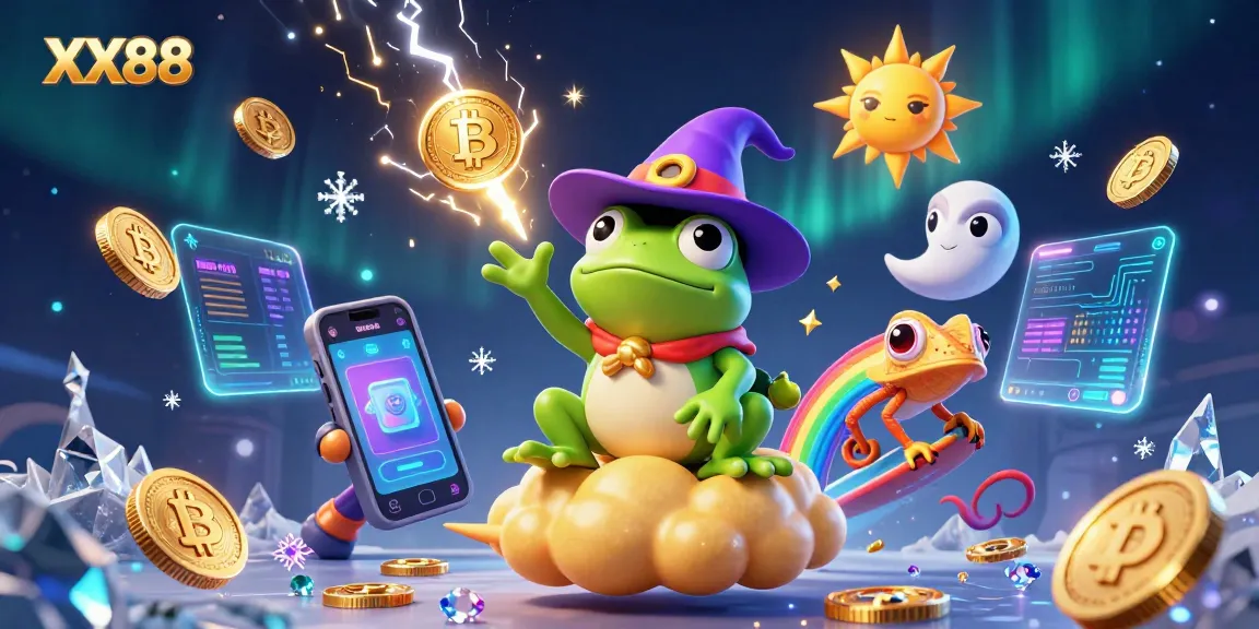 XX88 players win big with a 3D illustration of a weather wizard frog and chameleon in a vibrant casino scene.