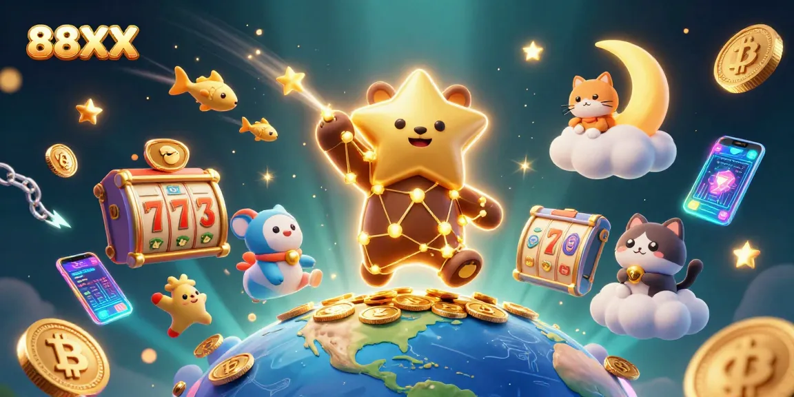 Spin the reels in a vibrant 88XX online casino scene filled with gold coins and playful characters.