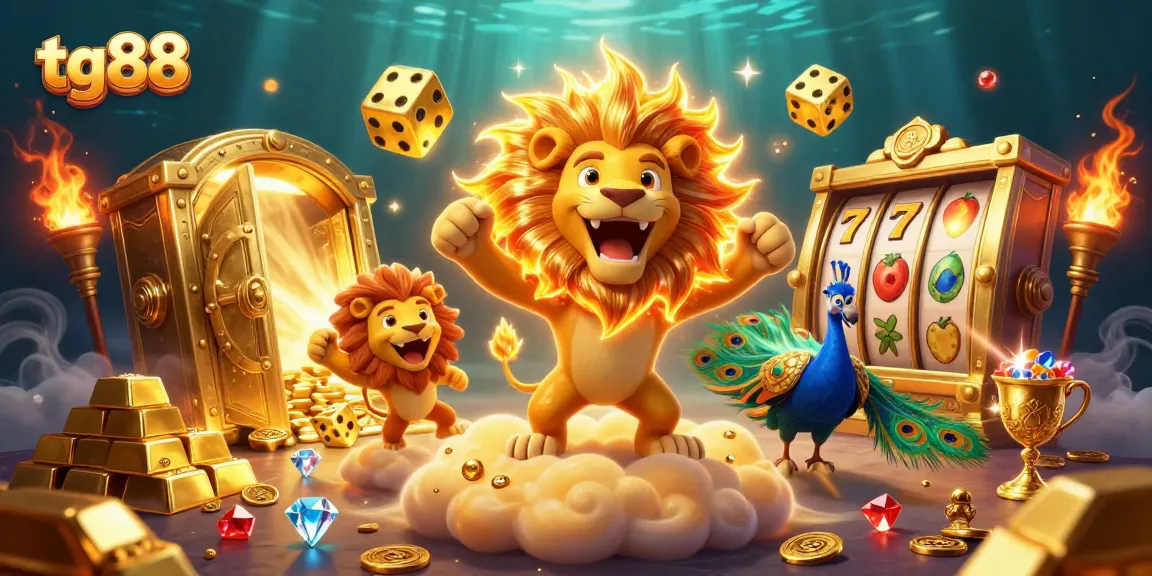 Engage with tg88's thrilling casino graphics featuring sun lion, golden dice, and slot reels spinning.