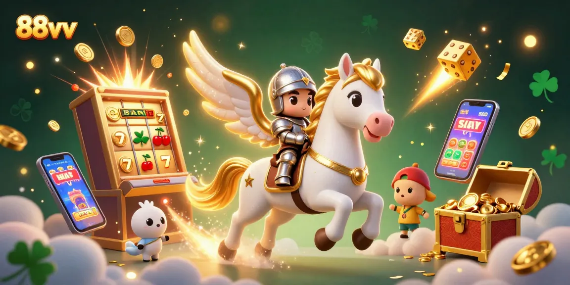 Experience the excitement of 88vv with a 3D illustration showing a celestial horse and gaming elements.