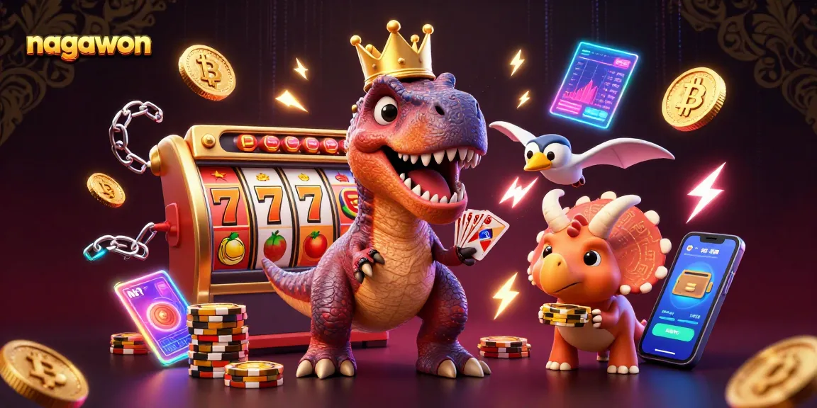 Engage in exciting wins with nagawon, a T-Rex, and friends at a vibrant casino.