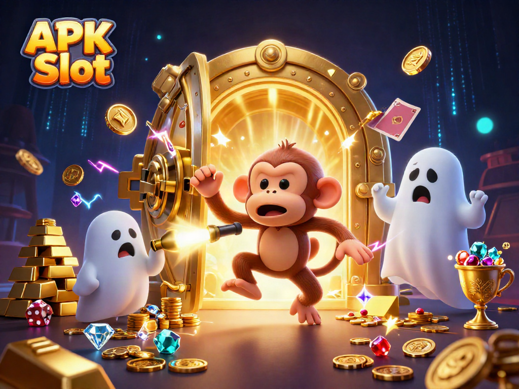 Experience the thrill of APK Slot with a playful poltergeist monkey and ghost-hunter puppy in a vibrant casino.