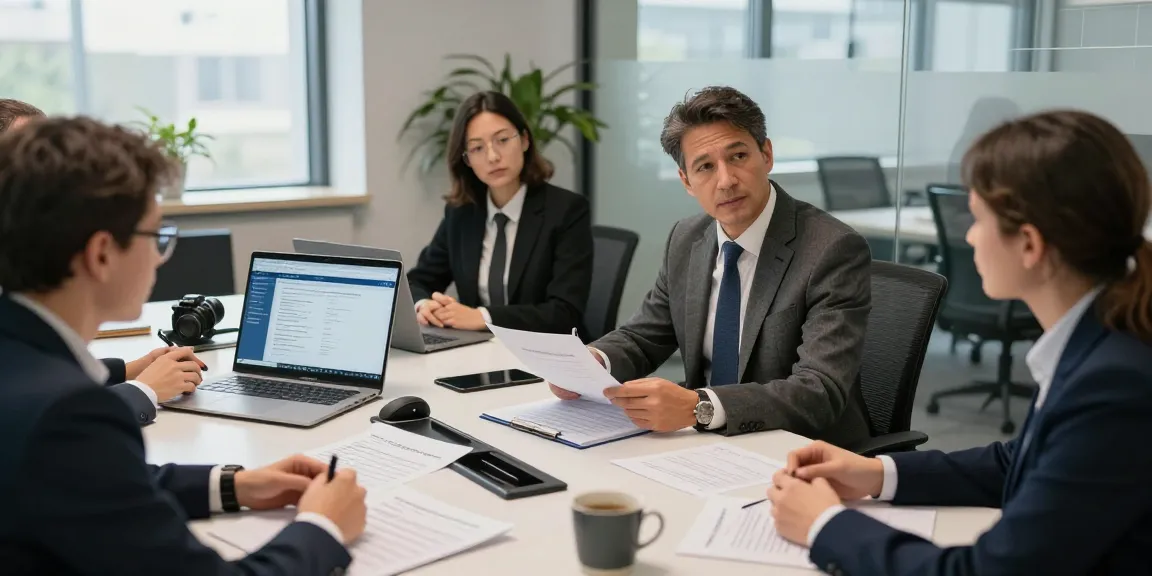 Discussione tra professionisti legali sul Regolamento UE 1935/2004 in un ufficio moderno.