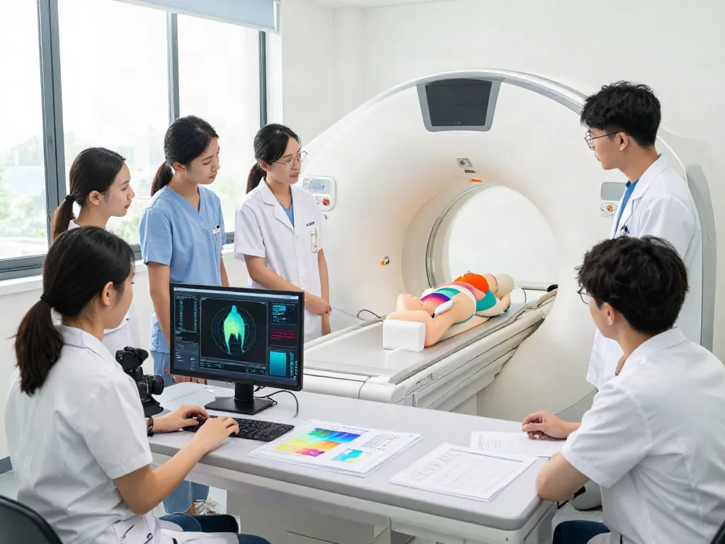 Students learning about rokok88 slot login during a hands-on radiology training session.