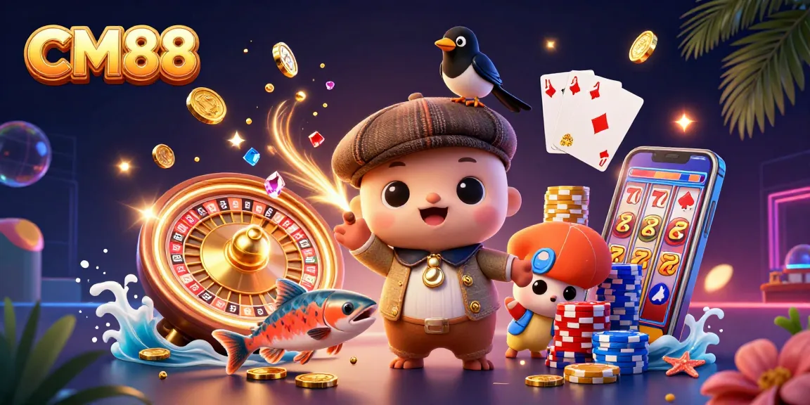 Experience thrilling gaming adventures with CM88, featuring vibrant casino elements and entertaining characters.