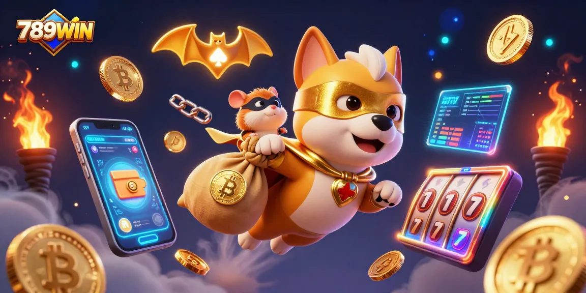 Engage with 789WIN's thrilling gaming adventures featuring a superhero dog and vibrant casino elements.