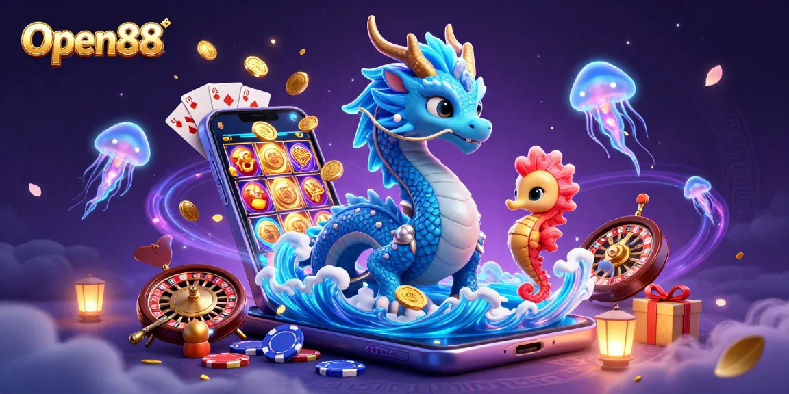 Engage with Open88's thrilling gaming action featuring a vibrant dragon, knight, and floating jellyfish.