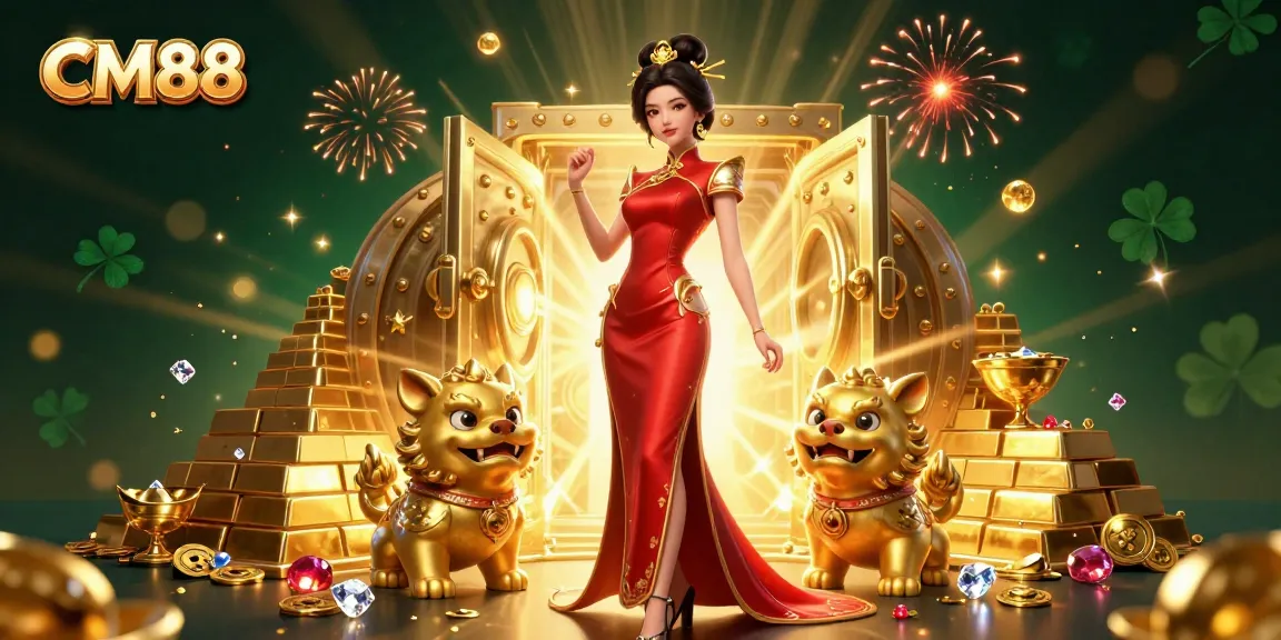 Experience CM88's thrilling atmosphere with a glamorous Asian woman amid gold treasures and festive fireworks