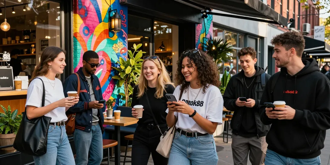 Stylish urban group enjoying city life with rokok88 branding.