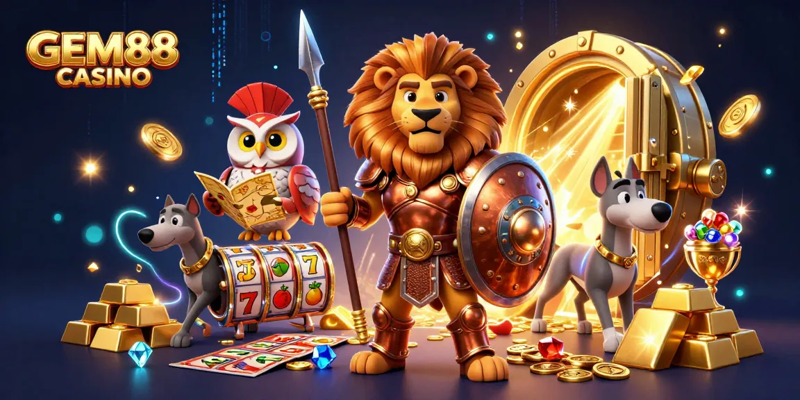 Spin the reels at GEM88 CASINO with animated characters and vibrant casino treasures lighting up the scene.