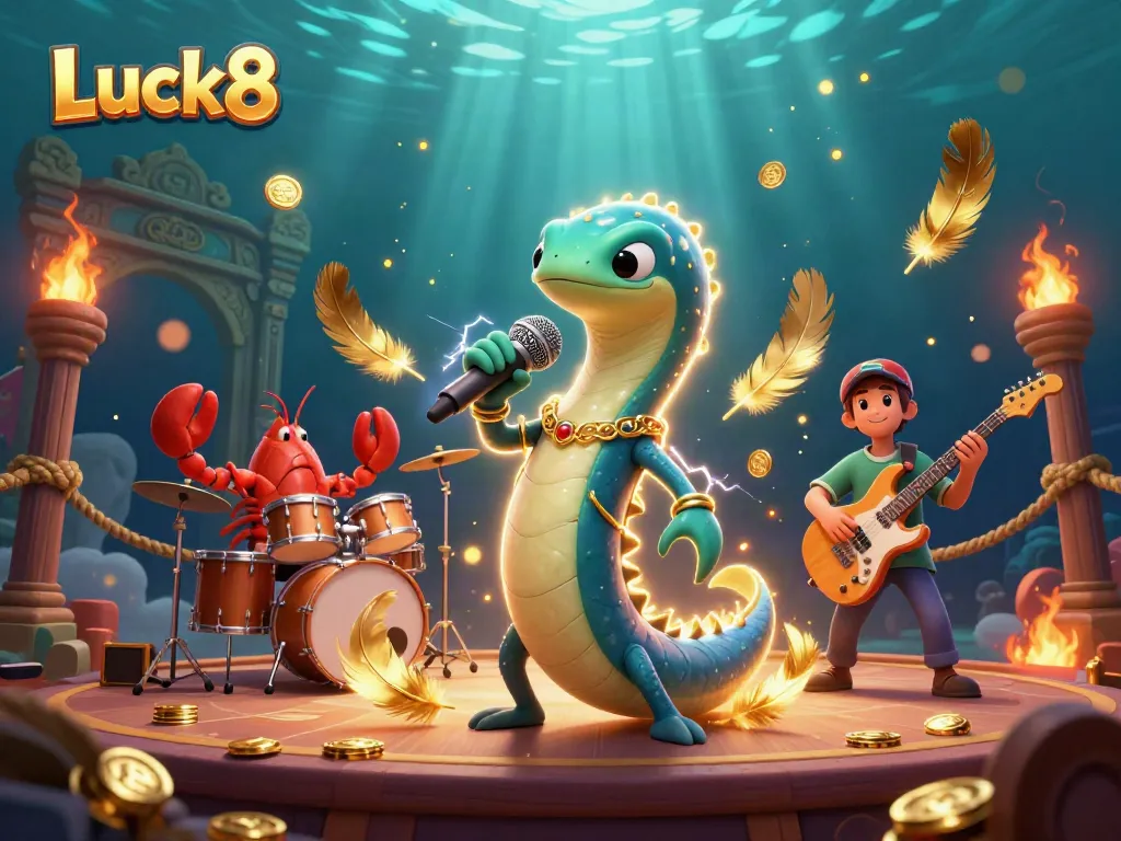 Experience thrilling gaming action with Luck8 in a vibrant underwater casino scene, featuring dynamic characters.