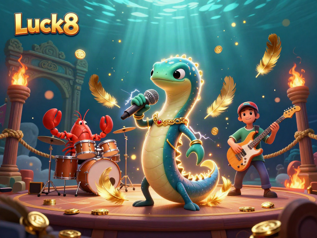 Experience thrilling gaming action with Luck8 in a vibrant underwater casino scene, featuring dynamic characters.