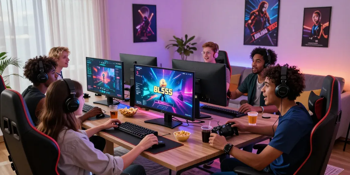 Friends enjoying multiplayer games on https://bl555.solutions/ in a vibrant home gaming setup.