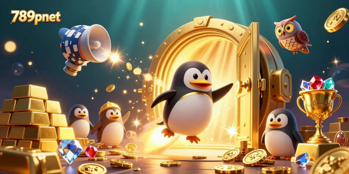 Engage in thrilling adventures with 789pnet as the penguin soars toward the casino chip station, surrounded by gold treasures.
