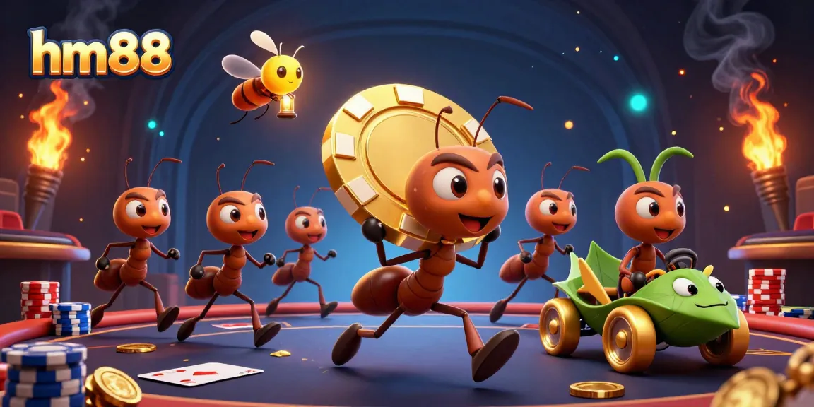 hm88 gambling ants celebrating a poker victory in a lively casino scene surrounded by chips and cards