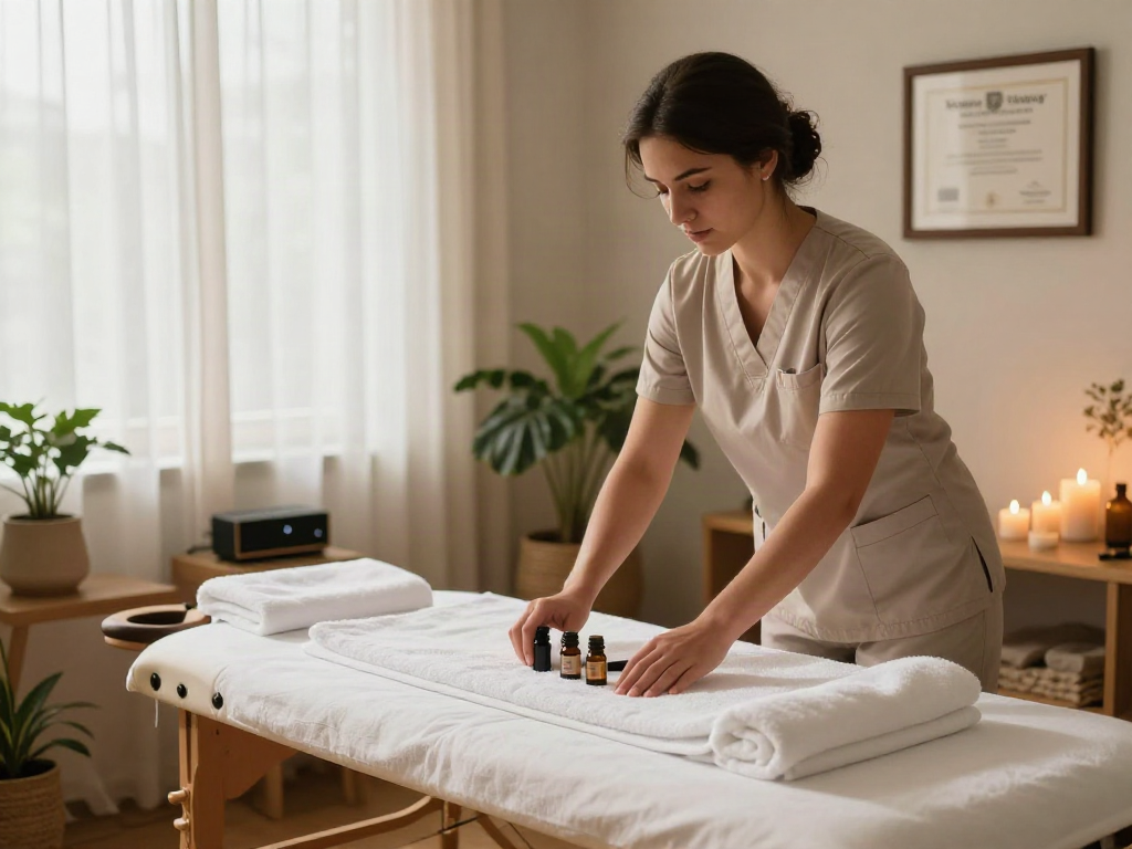 Relaxation scene showcasing 용인출장마사지 therapist preparing a tranquil room for professional massage.