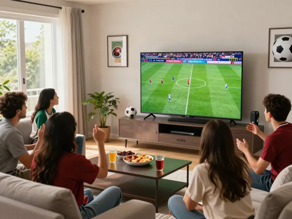 Friends enjoying a GavangTV live football match in a warm, inviting setting.