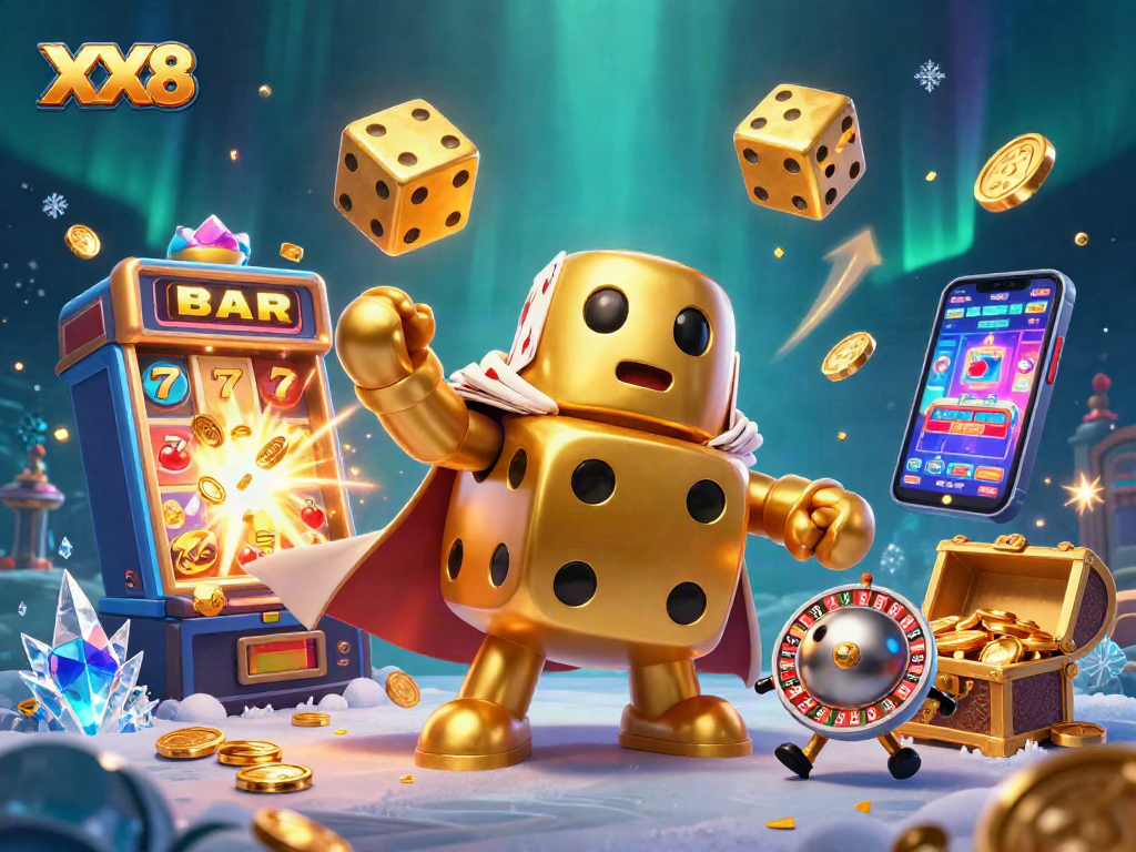 Experience thrilling gameplay at XX8 with a vibrant 3D casino scene featuring golden dice and bursting jackpots.