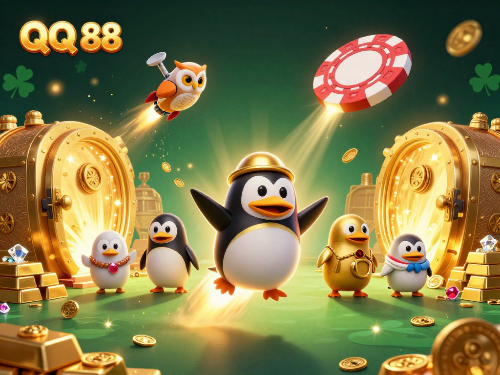 Experience QQ 88's thrilling casino adventure with golden penguins and treasure in this vibrant 3D illustration.