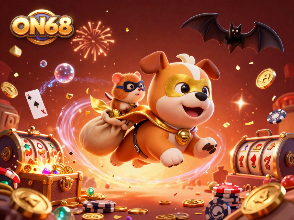 Experience thrilling gaming moments at ON68 with the superhero dog and hamster amidst vibrant casino elements.