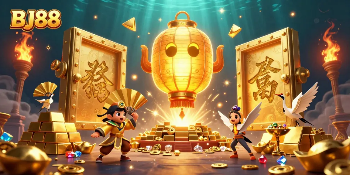 BJ88 casino illustration showcasing a vibrant night market with glowing lanterns and treasure elements.
