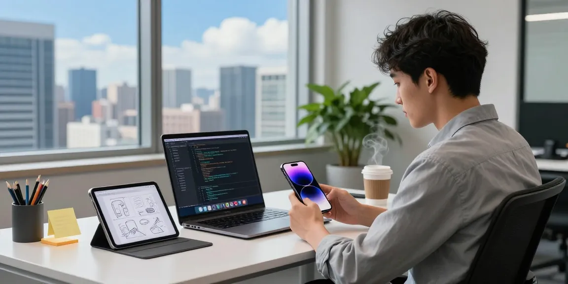 Young professional using an iPhone 17 in a tech workspace with laptop and design tablet.