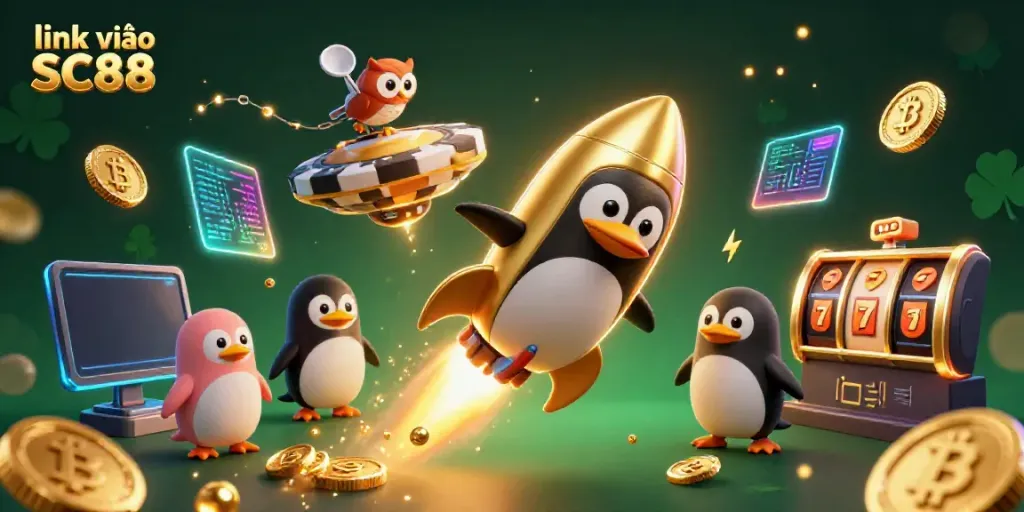 Spin slots with the link vào SC88 golden penguin, collecting crypto coins in a cosmic casino adventure.