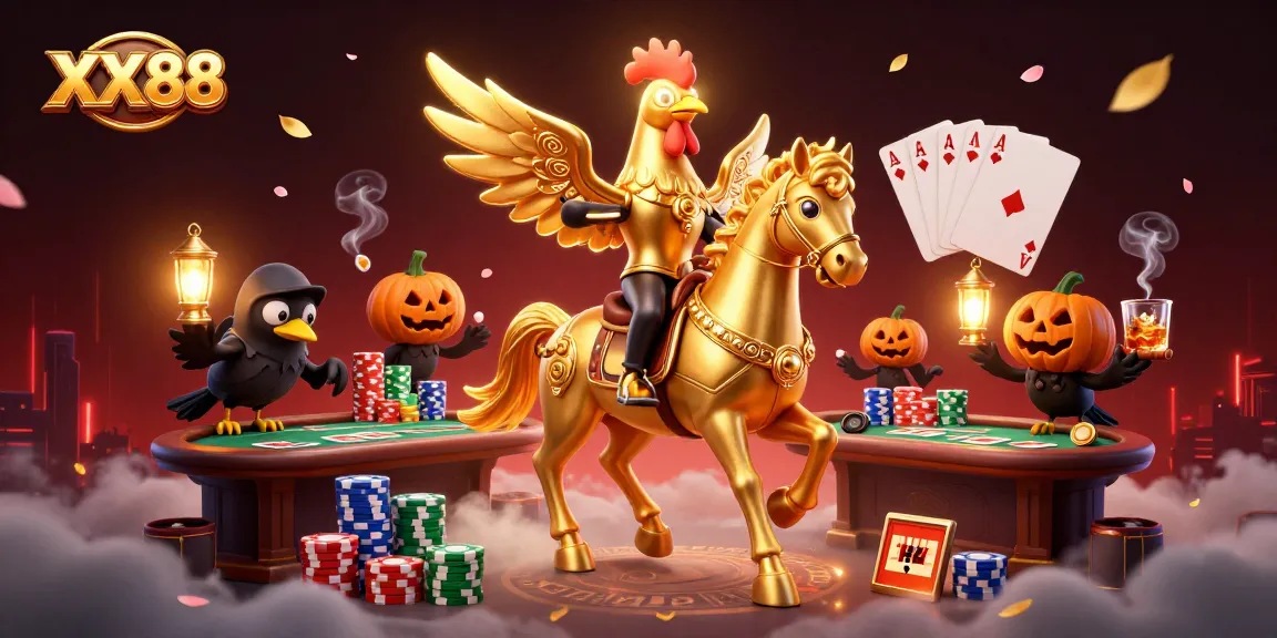 Experience the vibrant gaming environment of XX88 with golden rooster characters and poker elements.