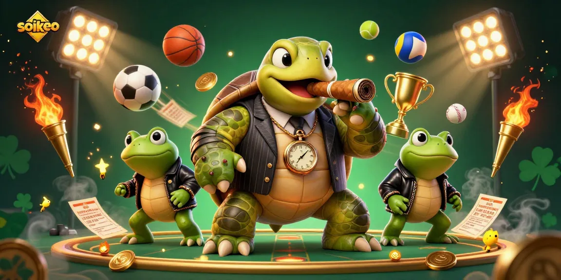 Soikeo enhances excitement with a dynamic scene of a turtle mobster overseeing sports action in a casino.