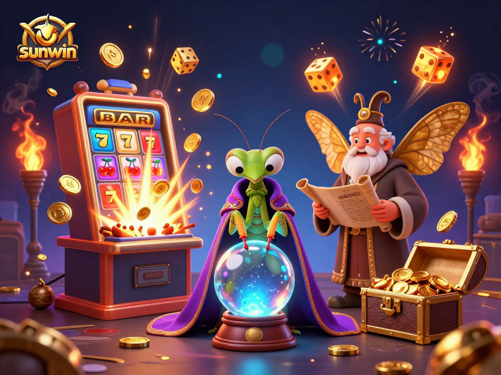 Experience thrilling wins at Sunwin with a vibrant 3D casino setup featuring characters, games, and jackpot explosions.