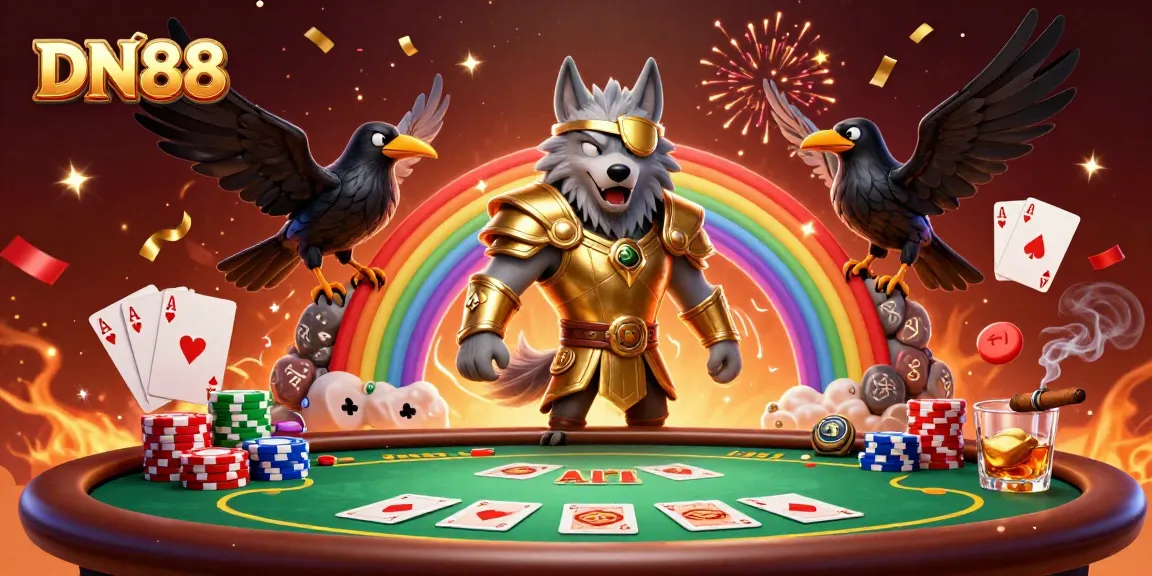 Engage with DN88's exciting world through a colorful casino-themed digital illustration.