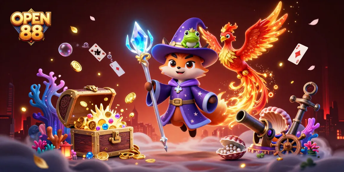 Experience the excitement of OPEN 88 with a vibrant illustration showcasing a mystical wizard fox and phoenix amidst dazzling treasures.