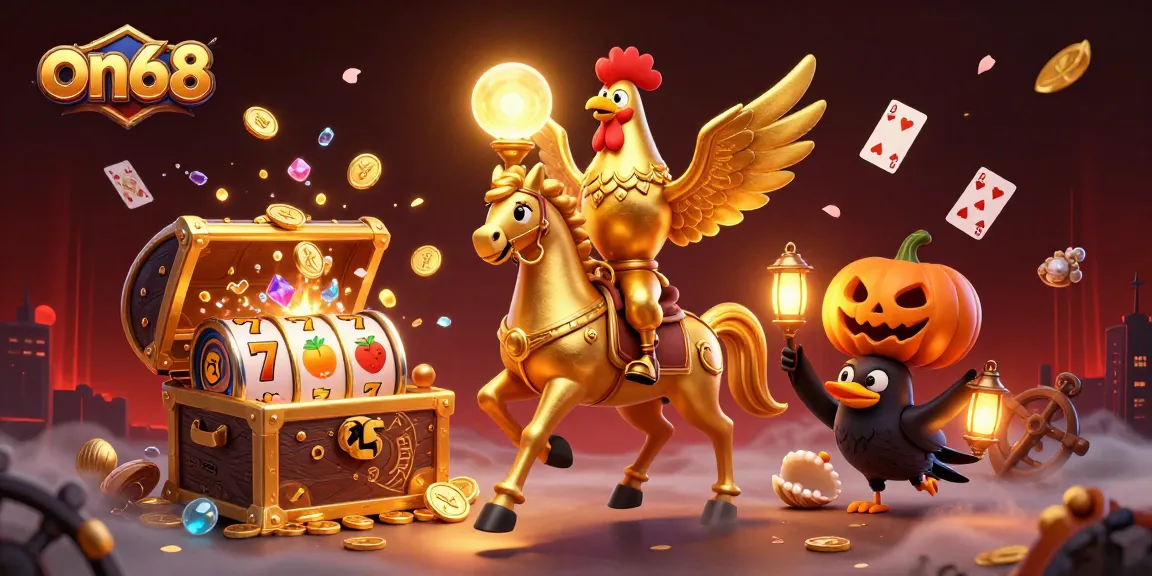 Experience on68's vibrant casino magic with a unique golden rooster and friends lighting up your gaming journey.