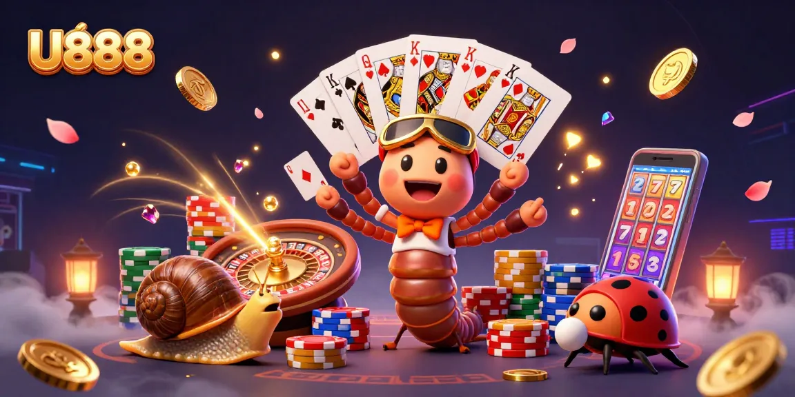 Experience U888's thrilling action with a vibrant 3D casino scene filled with playful characters and gaming elements.