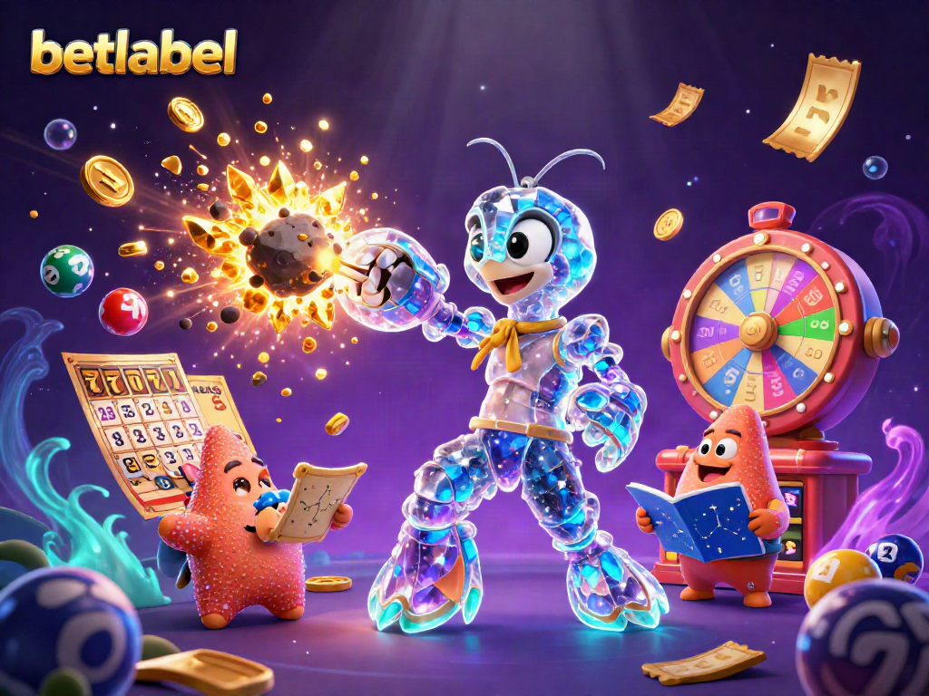 Betlabel showcases a vibrant scene with galactic characters amidst slot reels and colorful lottery elements.