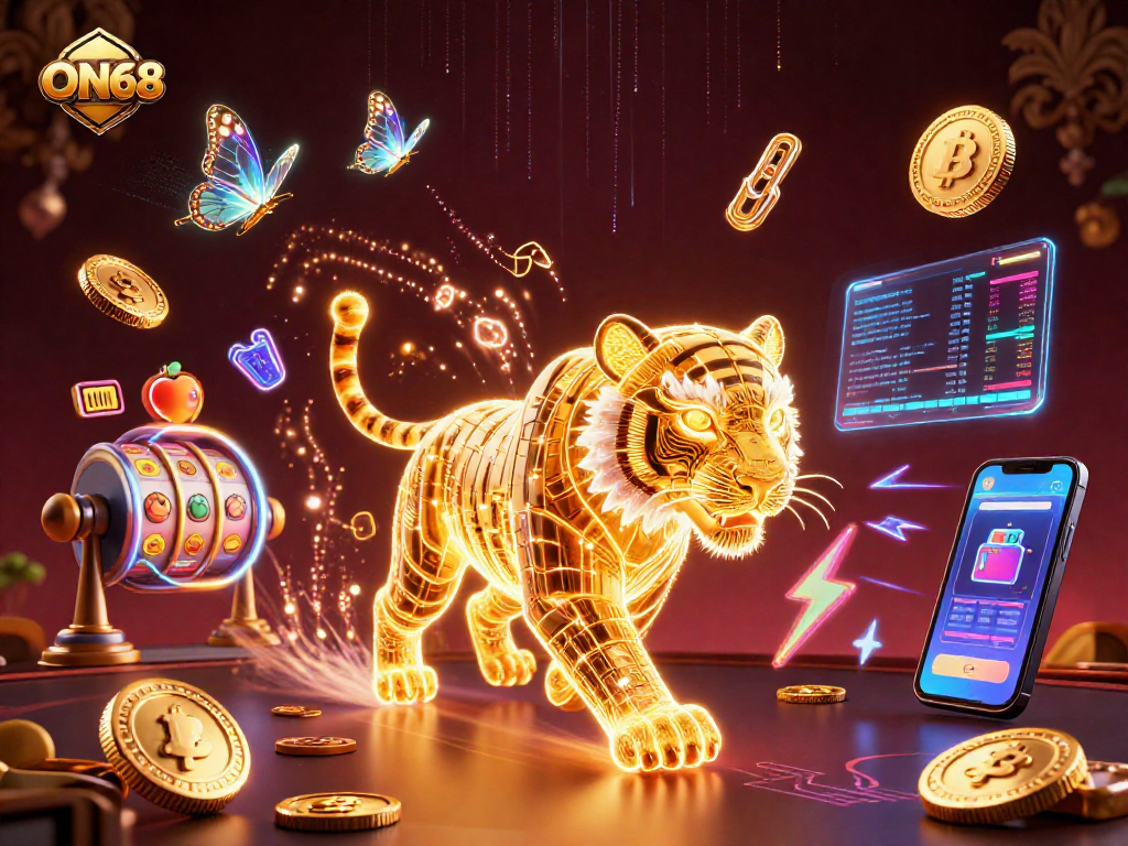 Experience ON68's vibrant casino scene with a golden tiger amidst crypto gaming elements.