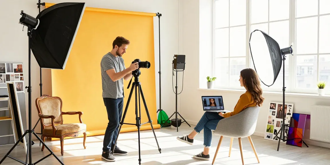 Scena dinamica con un fotografo professionista Milano che interagisce con un cliente in uno studio fotografico vivace pieno di attrezzature e creatività.