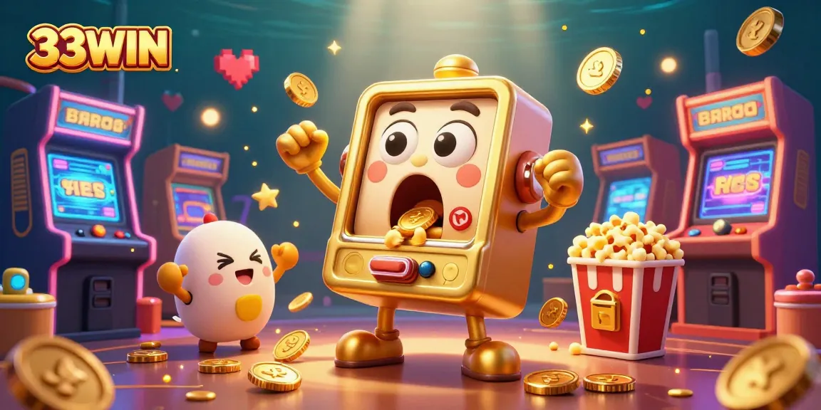 Experience the excitement of 33WIN with a colorful 3D slot machine scene showcasing jackpots, coins, and cheerful machine friends.