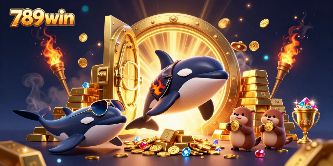 Experience thrilling gameplay at 789win with animated characters and treasure bursting from a vault.