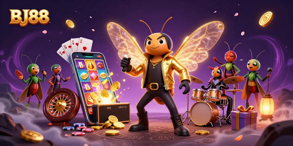 BJ88 showcases an exciting scene with a cicada rock star and vibrant casino elements in a lively illustration.