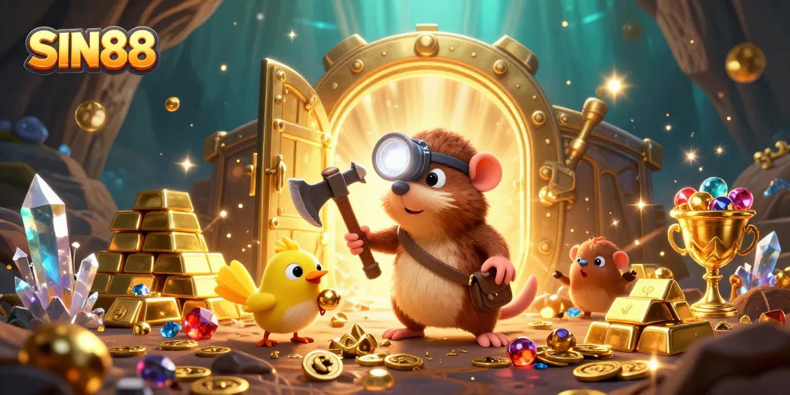 SIN88 unveils a treasure-filled mining adventure featuring a mole and canary amidst radiant gems and gold coins.