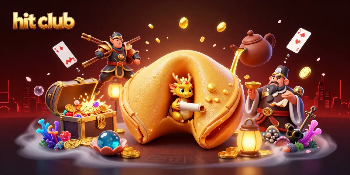 Engage in the vibrant hit club scene featuring a golden fortune cookie with a dragon amongst rich gaming treasures.