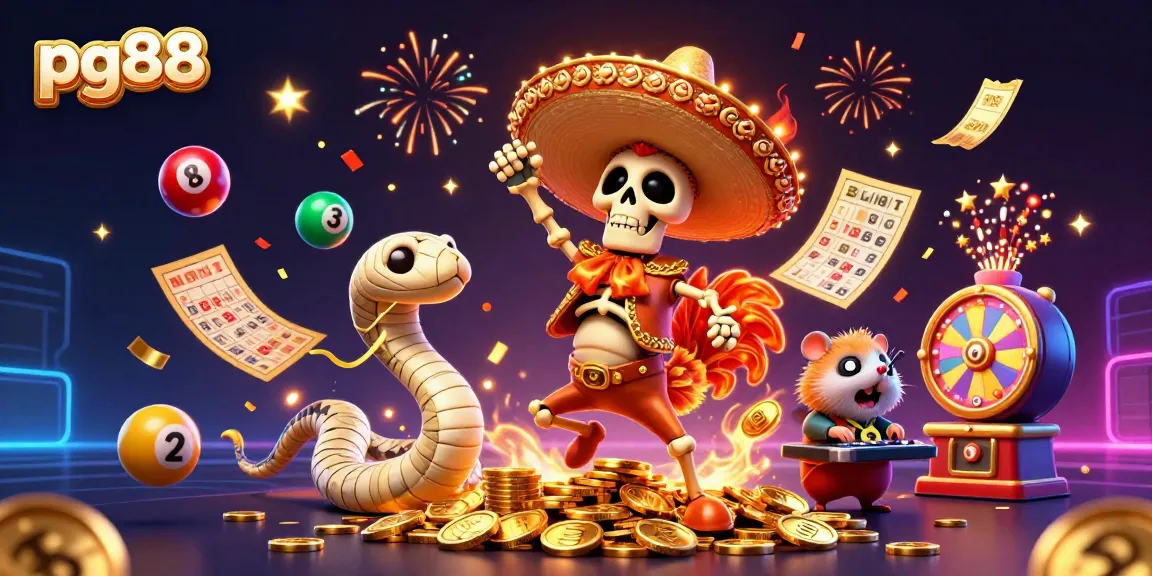Celebrate big winnings at pg88 with a dynamic scene featuring lottery elements and festive characters.