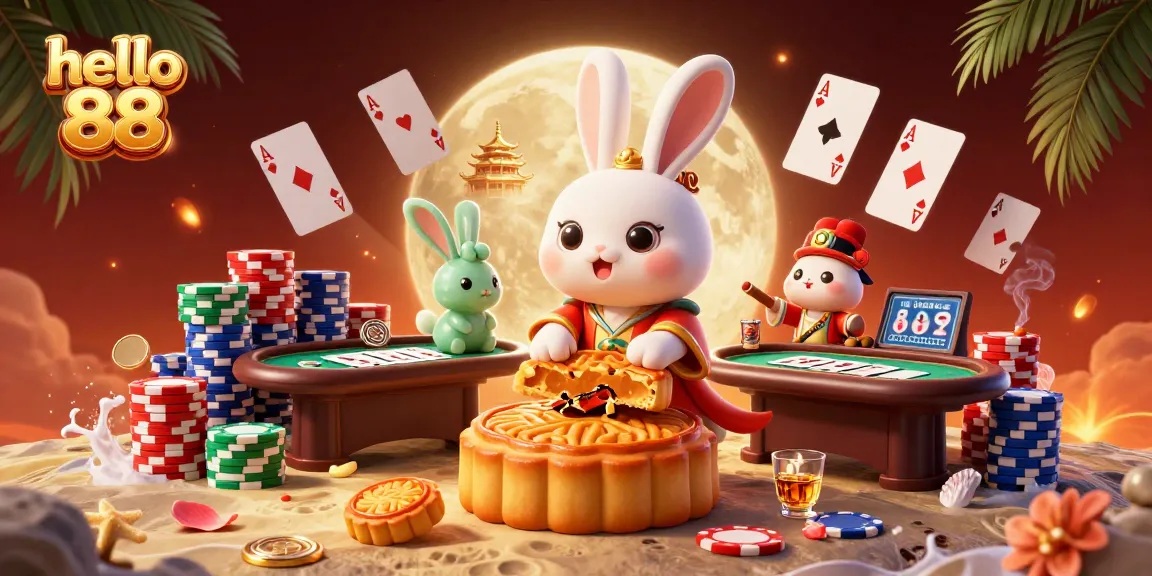Engage with the vibrant world of hello 88 through a magical casino scene featuring a moon rabbit and poker chips.