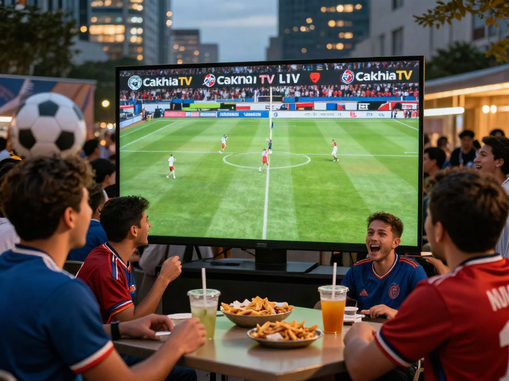 CakhiaTV fans enjoying a thrilling live football match outdoors with vibrant atmosphere.