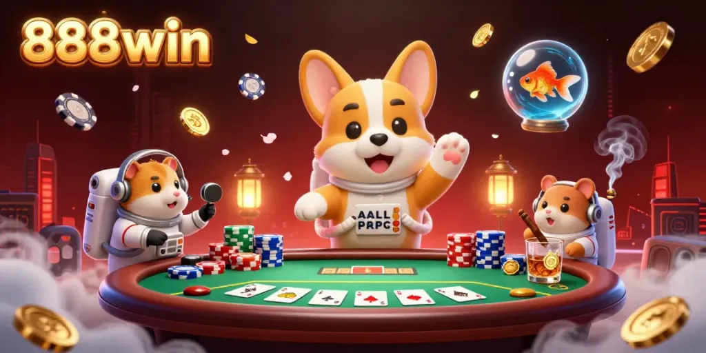 Experience the excitement of 888win with a playful, dynamic casino scene featuring floating characters